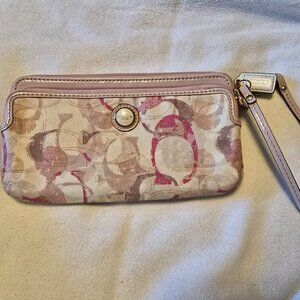 COACH Tan Pink Patent Leather Canvas Poppy Logo Signature Wallet Wristlet  GUC